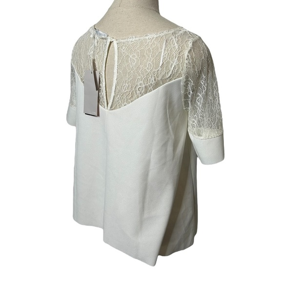Zara White Short Sleeve Contrast Lace V-Neck Flowy Crop Blouse Size Medium - Picture 9 of 16